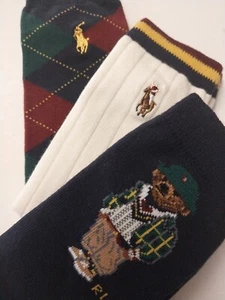 Big Boys Size 8-9.5 Ralph Lauren POLO ARGYLE BEAR Crew Socks Shoe 13-3 , 3 PAIR - Picture 1 of 4