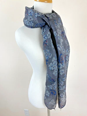 Italy Silk Gray/Blue Sheer Shawl 60"x32" Chiffon Paisley Floral Scarf Head Cover - Image 1 of 4