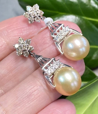 Pendientes de perlas vintage de diamantes del Mar del Sur joyería fina finca filigrana usados  Foto 1 de 4