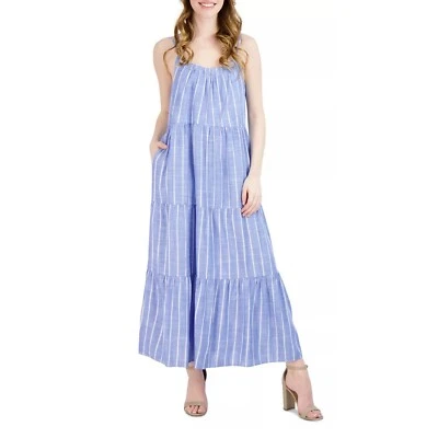 ROBBIE BEE Petite Tiered Boho Maxi Dress With Pockets Blue White PM - Image 1 of 3