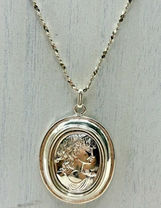 Vintage Sterlingsilber Repoussé ovale Frau Kamee Anhänger Halskette 24" Italien - Bild 1 von 5