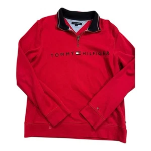 Tommy Hilfiger Men’s Sweater Red Size Medium Pullover 1/4 Zip Spell Out Logo - Picture 1 of 7