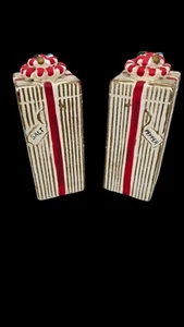 1962 NAPCO Tall Striped Presents Gifts Bows Salt Pepper Shakers White Gold Red - Picture 1 of 12