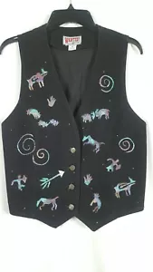 Gilet jeans vintage donna anni 90 stampa azteca sud-occidentale dipinto nero denim medio - Foto 1 di 11