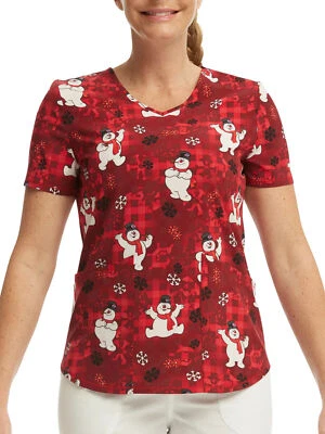 Frosty the Snowman Women’s Soft Scrub Top V-Neck U pick Red - Image 1 of 4