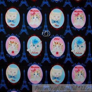 BonEful FABRIC FQ Cotton Quilt VTG Black Pink Blue Kitty CAT French Eiffel Tower - Picture 1 of 6