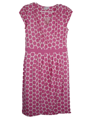 Polka Dot Dress Stretch Wrap V-Neck Pink White Cap Sleeve Work Career Women M - Image 1 of 4