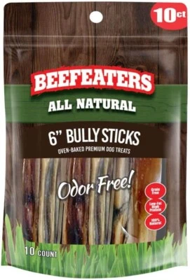 Beefeaters All-Natural 6in Bully Sticks 10 ct ~ Odor Free Grain Free Dog Treats!