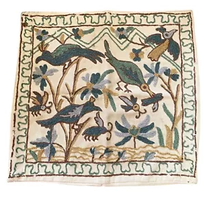 Vintage Wool Crewel Embroidery Cotton Pillow Cover Birds Peacock Made India - Picture 1 of 9