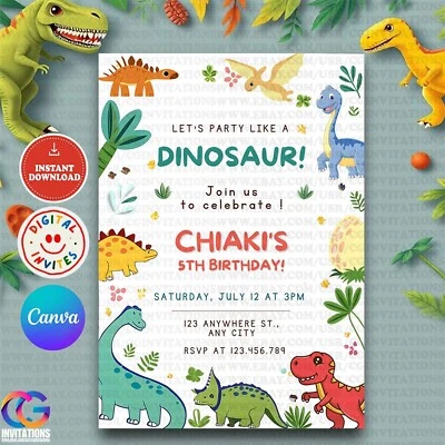 Editable Dinosaur Birthday Invitation, Kids Dino Birthday Party Invite Template - Image 1 of 4