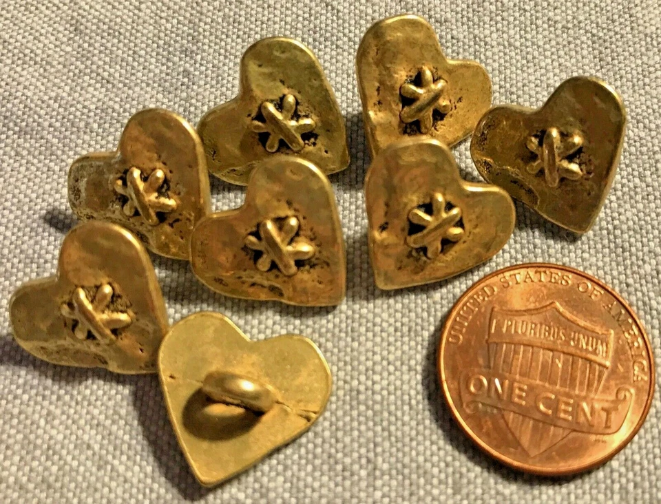 8 Gold Tone Metal Shank Heart Buttons Black Accent Almost  5/8" 15.2mm # 8222 - Image 1 of 1