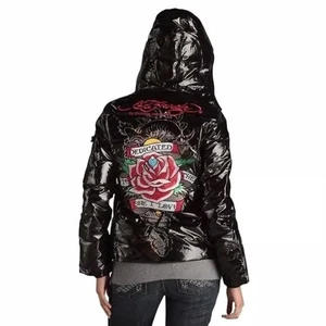 Ed Hardy Womens Puffer Jacket Skulls Roses Down Feathers Sz L Hooded Black RARE - Picture 1 of 21