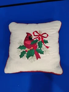Embroidered 12" Square Cream/Red Cardinal Christmas Throw Pillow Holly Berries - Picture 1 of 10