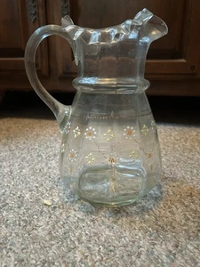 Vtg Handblown (Fenton?) Clear Glass Pitcher w/handpainted Flowers/ Gilt Edging - Picture 1 of 6