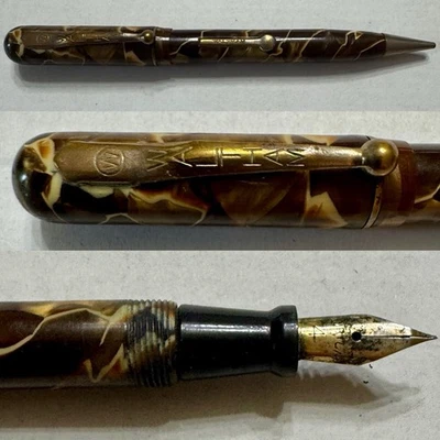 "Combo de pluma estilográfica y lápiz Waltham vintage 5 3/8"" dorado con venas blancas" Foto 1 de 4