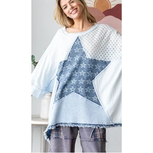 Oli & Hali - Washed Star Patchwork Oversized Top - M - Blau BT1054 - Bild 1 von 3