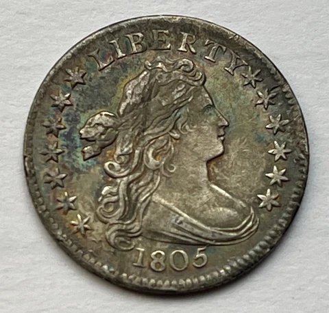 1805 Draped Bust Dime - Key Date 10C; 4 Berries; Looks XF; Rainbow Toning Cover