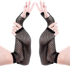 Fingerless Fishnet Gloves 2 Pairs, Arm Warmers Punk Accessory, 80s Costume Black - Picture 1 of 7