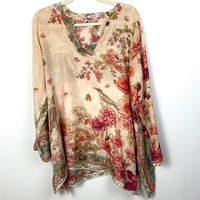 Johnny Was 100% Silk Tunic Floral Print Long Sleeve Blouse  V-Neck Size Medium