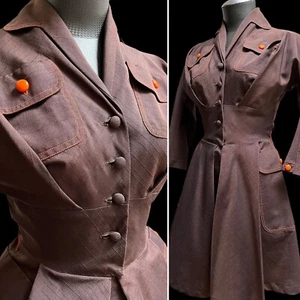 Vtg Dress DARK Brown 50s Goth Fitted Jackie Nimble Corset Style Structured SMALL - Picture 1 of 18