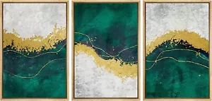 Gold and Green Abstract Framed Wall Art Canvas Prints Set of 3 - Picture 1 of 5