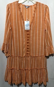 Blue Island Swim Cover Dress Crochet Trim Orange Striped Tiered 3/4 Sleeve NWT - Picture 1 of 14