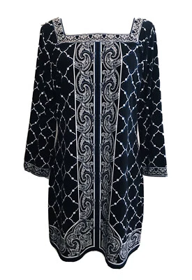 White House Black Market WHBM Black Blue White Paisley Embroidered Dress L - Image 1 of 4
