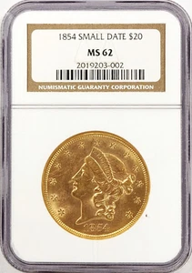 1854 Small Date $20 Gold Liberty Head Double Eagle NGC MS62 - Picture 1 of 4