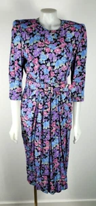 VTG Karin Stevens Rose Floral Black Blue Green Pink Belted Cottagecore Dress 12 - Picture 1 of 7