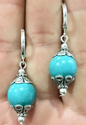 Handmade 10mm Blue Turquoise Round Gemstone Silver Leverback Dangle Earrings  - Image 1 of 3