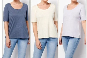 Peace Love World 3-Pack Twist Neck Elbow-Sleeve Tee Top- BLUE/NATRL/LILC, SMALL - Picture 1 of 1