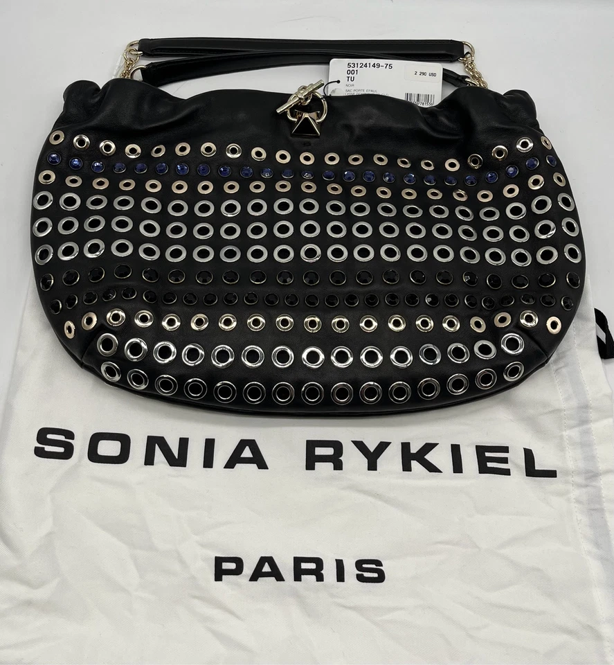 Bolsa Hobo Sonia Rykiel Couro Preto Ilhós Enfeitado Chainlink Domino NOVA - Imagem 1 de 4