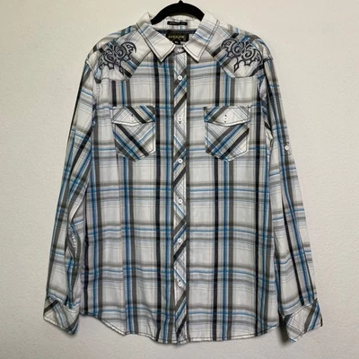 Helix XL Men Plaid Long Sleeve Button Down Shirt Western Embroidery Athletic Fit - Image 1 of 4