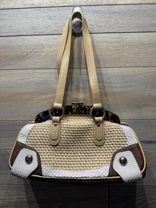 Bolso de Mano Etro Milano Mujer Beige Tejido Cuero Paja Borde Marco Tortuga Italia - Imagen 1 de 12