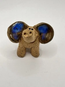 Baby Elephant Figurine Clay Hand Crafted Trunk Up Smiling Unglazed-glazed Ears - Picture 1 of 8