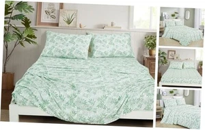 Elder 4-Piece Floral Leaves Bed Sheet Set - Green White Leaves Printed - Picture 1 of 8