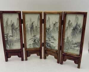 Vtg Hand Painted Two sided Miniature Chinese Four Panel Screen 6.75" x 10.5" - Picture 1 of 11