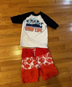 Cat & Jack Swim Trunks Surf Life Rash Guard Places Sports 2 Piece Outfit M 8/10 - Picture 1 of 9