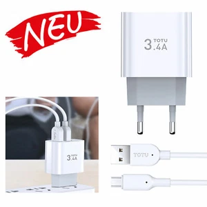 TOTU 3,4A USB Double Prise de Voyage Chargeur Eu Fiche Avec Câble 1m - Photo 1/8