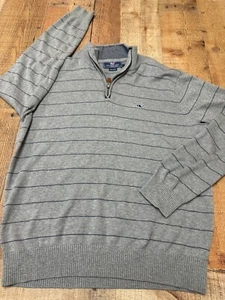 Vineyard Vines Sweater Men Size S Gray Stripe Pull Over Rib Hem 1/4 Zip Cotton - Picture 1 of 7