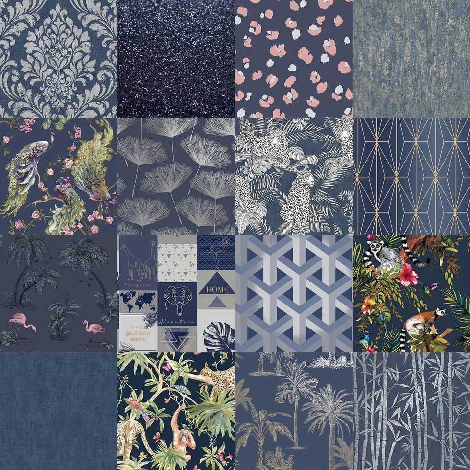 Papel pintado azul marino Holden Muriva animal geométrico flor de la selva brillo damasco Foto 1 de 1