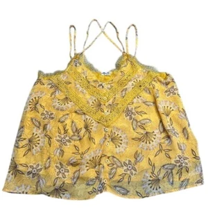 Camiseta sin mangas Miss Me amarilla floral encaje camisola talla L botón delantero verano boho - Imagen 1 de 10