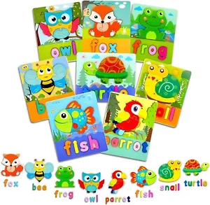 Animal Wooden Puzzles with Letters Spelling, Montessori Toys for Toddlers 1-3, 8 - Picture 1 of 8
