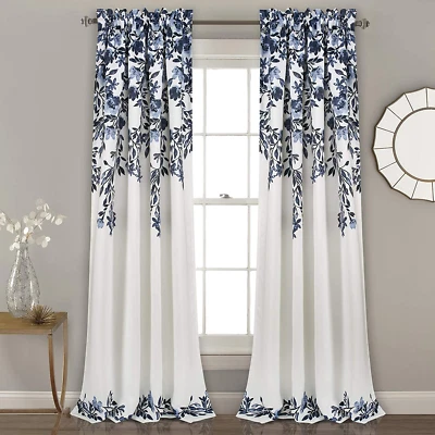 Lush Decor Navy/White Floral Rod Pocket 52"x95" Room Darkening Curtain NEW (13D) - Image 1 of 3