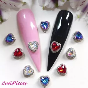 3D Nail Art Ruby Red Silver Rhinestone Hearts Framed Jewel Gems Alloy Metal - Picture 1 of 10