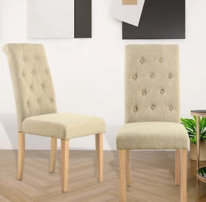 Dining Chairs, x2 Kitchen Chairs, Cream Fabric Upholstered Chairs in Wooden Legs - Picture 1 of 8