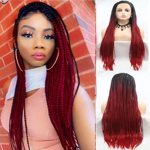 Ombre Red Box Braided Wigs Long Lace Front Braids Hair Wigs for Black Women Real - Picture 1 of 8