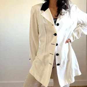 vtg 80s white and black classic long formal blazer thigh length 5 button retro - Picture 1 of 9