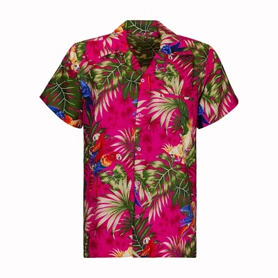 KIKLO MENS HAWAIIAN SHIRT STAG BEACH HAWAII ALOHA SUMMER HOLIDAY PINK NEW PARROT