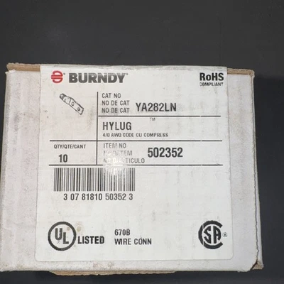 Burndy YA282LN,Compression Cable Lug, 4/0 Cu 2-Hole Long 1/2, 1 PC **Box Of 10* - Image 1 of 3